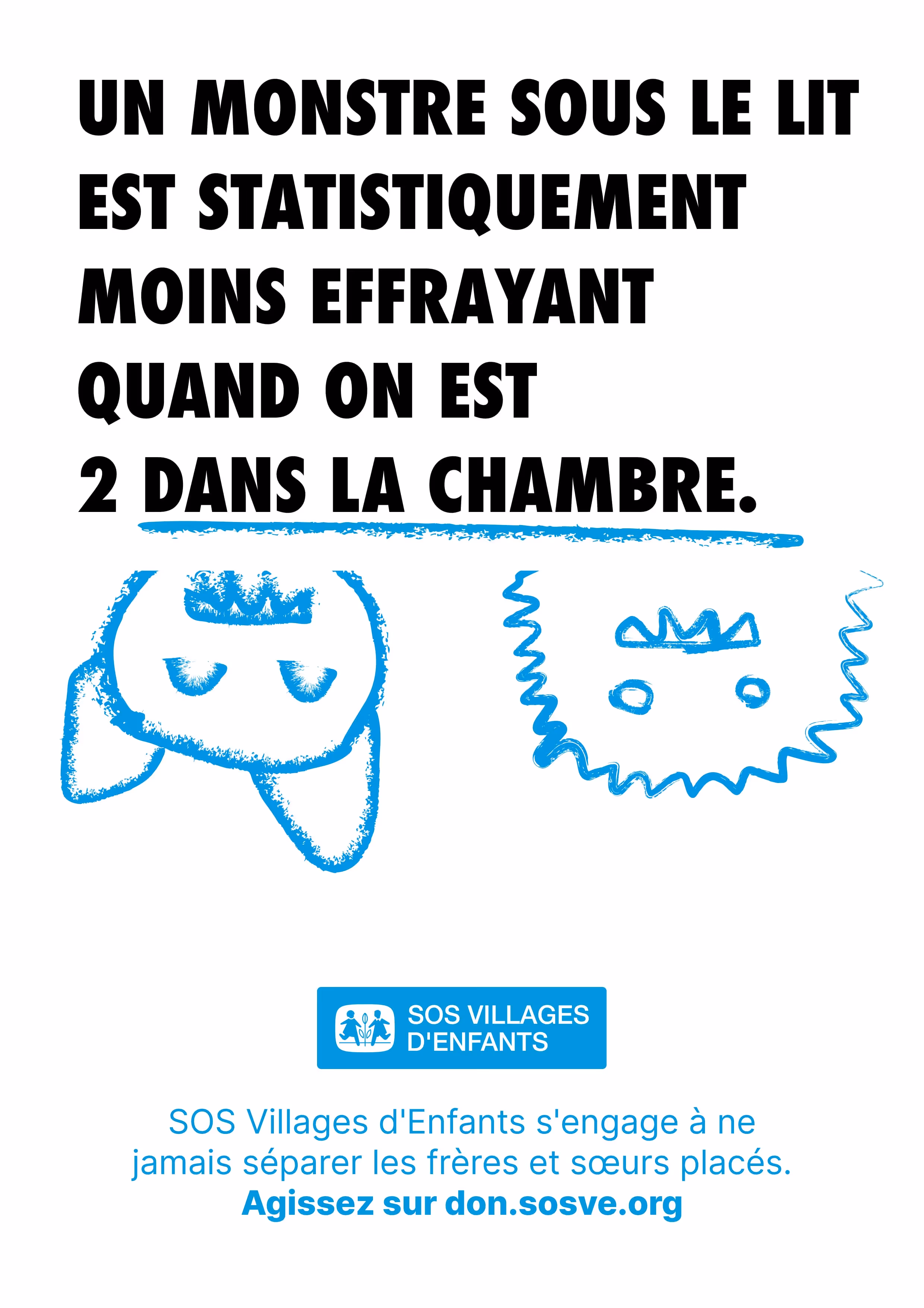 Texte en français disant qu'un monstre sous le lit est statistiquement moins effrayant quand on est deux dans la chambre, avec des dessins bleus simples de deux monstres et le logo de SOS Villages d'Enfants.